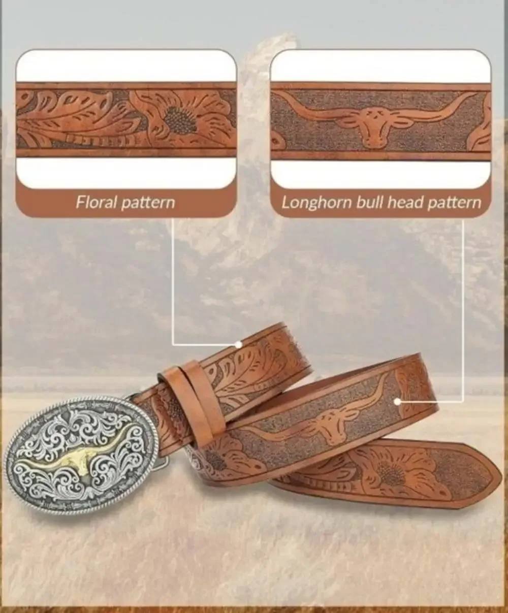 Western Cowboy Belts for Men Women- PU Leather Floral Pattern Engraved Longhorn